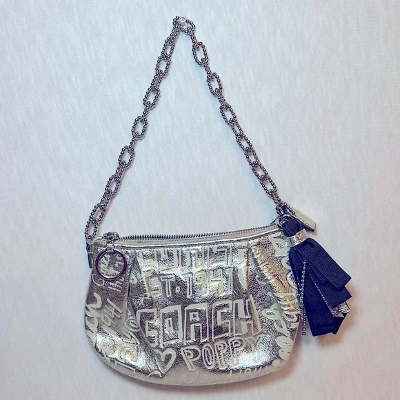 Coach LtdEd Poppy Silver Etched Storypatch Small Evening Shoulder Bag Purse RARE - Picture 2 of 15